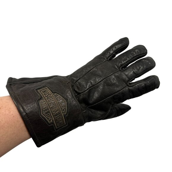 Vtg 90s Harley Davidson Gloves Black Leather Riding Gauntlet Bar Shield Small - Picture 1 of 6